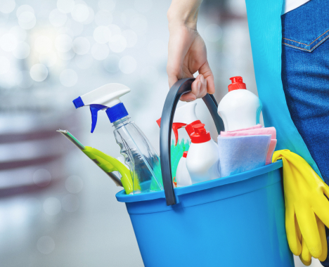 household cleaning products in bucket