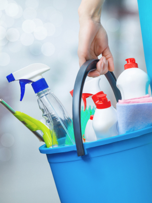 cleaning products in bucket